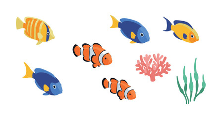 Naklejka premium Colorful aquarium fish and coral with seaweed on white background