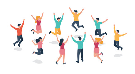 Fototapeta premium Group of people celebrating with joyful jumps in a flat isometric style