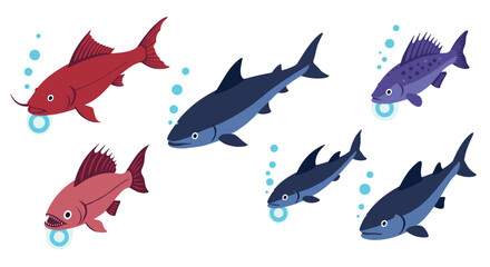 Fototapeta premium Colorful cartoon fish with bubbles on white background