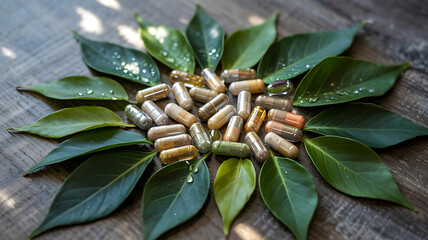 Herbal supplements and green leaves composition for wellness and health concept