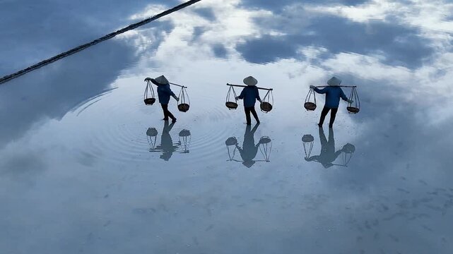 Ninh Hoa, Vietnam - 11 November 2025: Aerial view of workers with conical hats carrying baskets, their reflections shimmering in the shallow water.