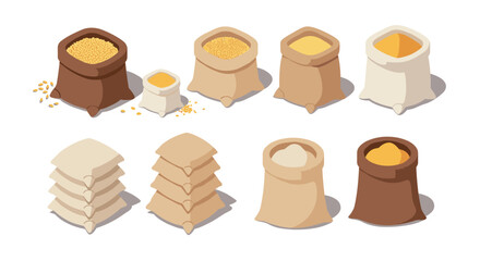 Assorted sacks of grain and flour in isometric view on white background