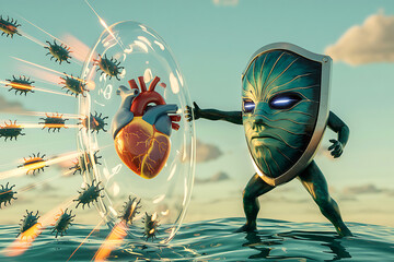 Immune System Guardian Protecting Human Heart From Viral Attack in Digital Art