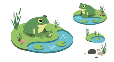 Obraz premium Cartoon frogs on lily pad ponds with green reeds in flat design