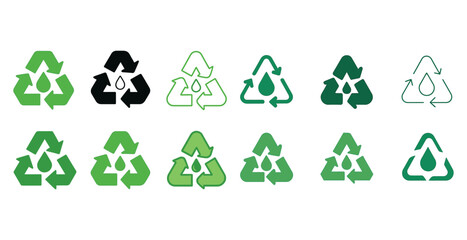 Collection of various green and black recycling symbols with water drop motif