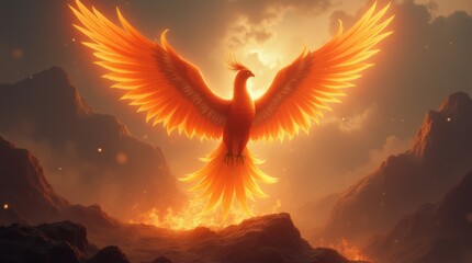 Majestic Phoenix Rises from Flames in Dramatic Fantasy Landscape.