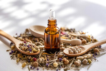 Natural medicine bottle with herbs and wooden spoons on white surface