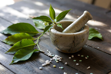 Natural medicine concept with mortar and pestle and fresh green herbs