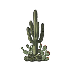 Illustration of a tall saguaro cactus surrounded by prickly pear cacti with red flowers, isolated on a white background.
