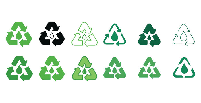 Collection of various green and black recycling symbols with water drop motif