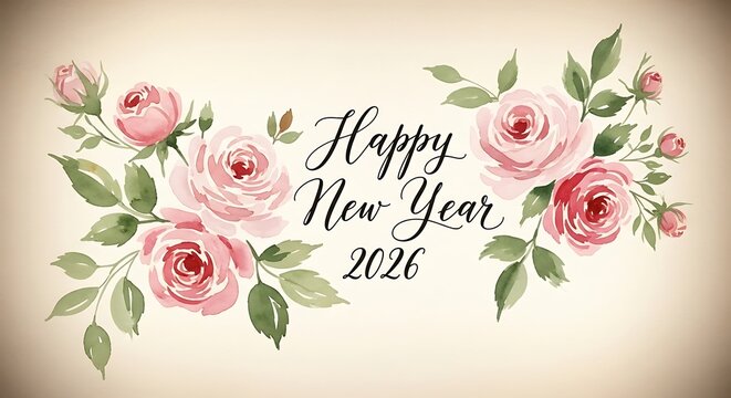 Elegant watercolor pink roses frame a happy new year 2021 greeting on a vintage background