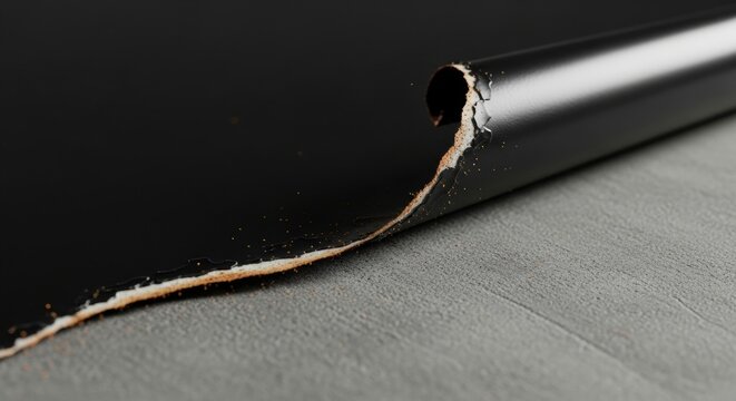 black and gray background - Close-up of a glossy black rolled sheet with a torn fibrous edge revealing brown core, curled on a textured gray surface; minimalist composition with shallow depth. macro - Powered by Adobe