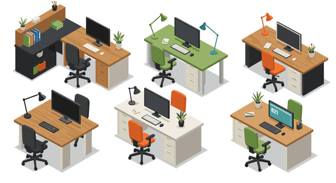 Modern isometric office desks with computers and accessories in various color schemes