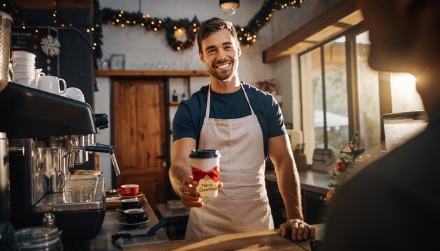 A barista serves a customer coffee in a craft cup with the words "Merry Christmas" written on it - Powered by Adobe