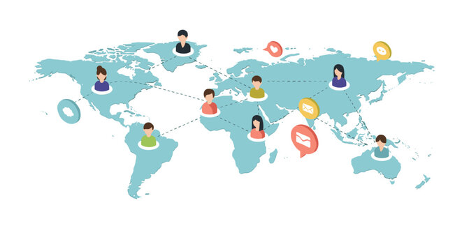 Global communication connections with people icons on world map