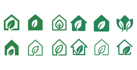 Eco-friendly home icons featuring green leaves in various house designs