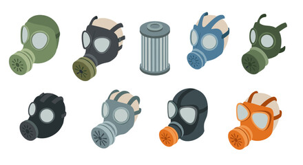 Diverse gas masks collection in modern isometric style for safety and protection