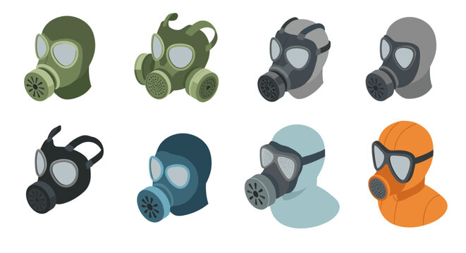 Colorful isometric gas masks collection for safety and design