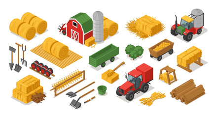 Isometric farm tools and machinery set with hay bales and tractors
