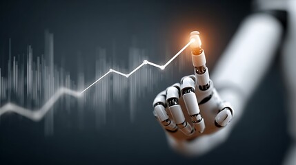 Robotic Hand Pointing at Rising Investment Chart with Graphical Data Background for Business Concept