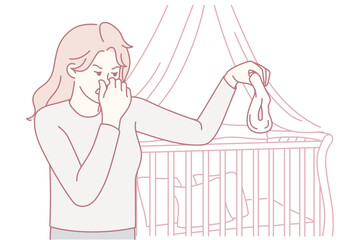 Unhappy young mother close nose feeling disgust holding stinky baby diaper. Distressed mom disgusted with smelly child diaper. Vector illustration.