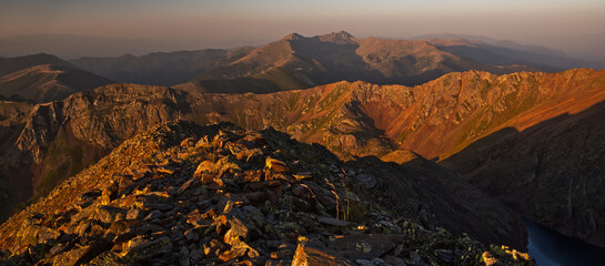 Morning view from Pic de Coma Pedrosa mountain peak summit in Pyrenees mountains in Andorra
