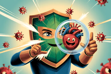 Superhero protects heart from virus with shield and bubble illustration