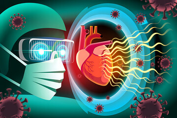 Virtual reality medical diagnosis heart and virus with doctor in mask illustration