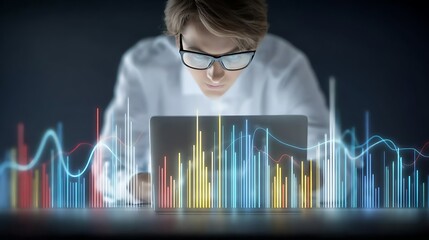 Focused Businessman Analyzing Data Trends on Laptop with Colorful Statistical Charts in Background