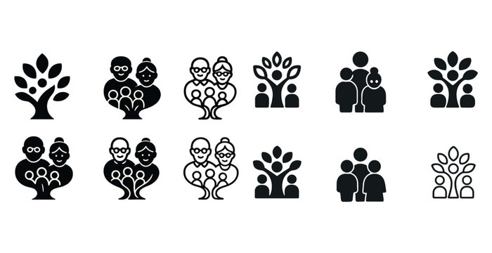 Family tree icons set representing generations and relationships