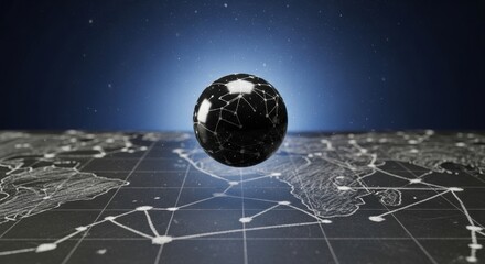 black and gray background - A glossy black sphere levitates above a stylized digital world map; luminous network lines and nodal grid connections spread across a deeper, star-speckled blue backdrop