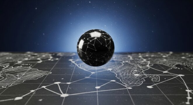 black and gray background - A glossy black sphere levitates above a stylized digital world map; luminous network lines and nodal grid connections spread across a deeper, star-speckled blue backdrop - Powered by Adobe