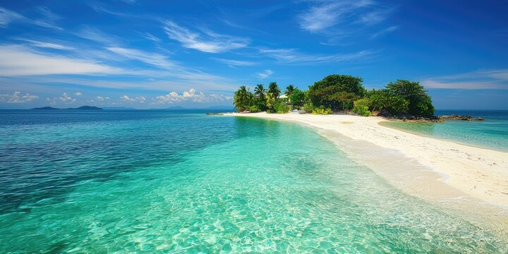 A serene tropical island with a white sandy beach, crystal-clear turquoise waters, and lush green vegetation.