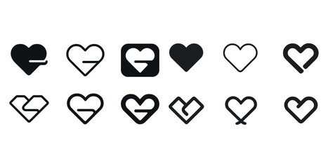 Collection of 12 minimalist black heart and arrow icons in various geometric designs