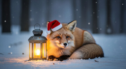 Adorable red fox wearing a santa hat sits by a glowing lantern in a snowy forest