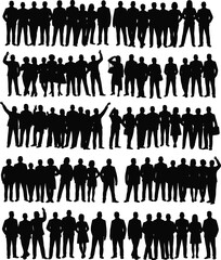 Large crowd of people silhouette vector set, business and casual men and women standing together in rows, isolated group collection.