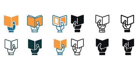 Diverse book and hand icons in various styles and colors
