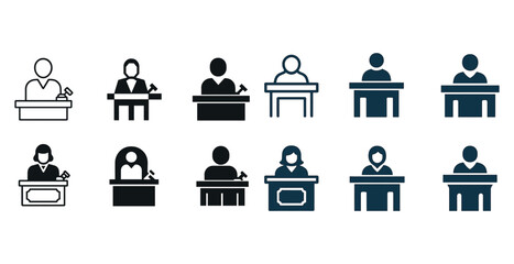 Various styles of judge and lawyer icons in monochrome and colored variations