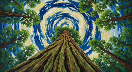 Looking Up At Giant Redwood Tree Canopy Skyward View for Nature Travel Web Design Backgrounds