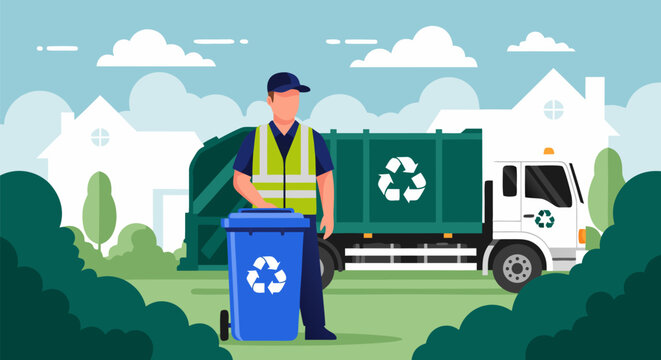 A sanitation worker in uniform stands with a blue recycling bin next to a garbage truck for waste collection in a suburban neighborhood vector illustration
