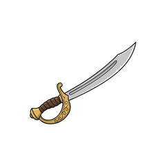 Cartoon illustration of a pirate cutlass with a curved blade and ornate gold hilt, isolated on white.