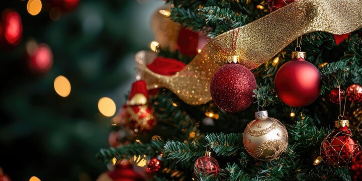 A beautifully decorated Christmas tree with red and gold ornaments, surrounded by twinkling lights and a soft, blurred background.