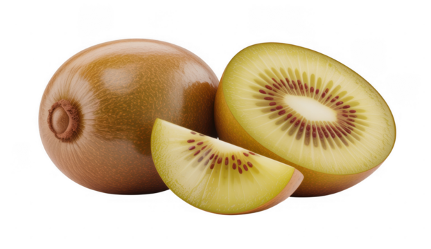 Golden Kiwi Fruit Whole and Sliced isolated on a transparent background