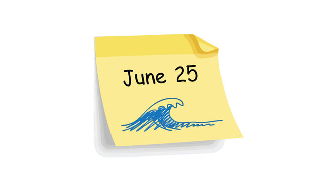 Reminder of summer solstice event on june 25th, marked with a wave on a yellow sticky note