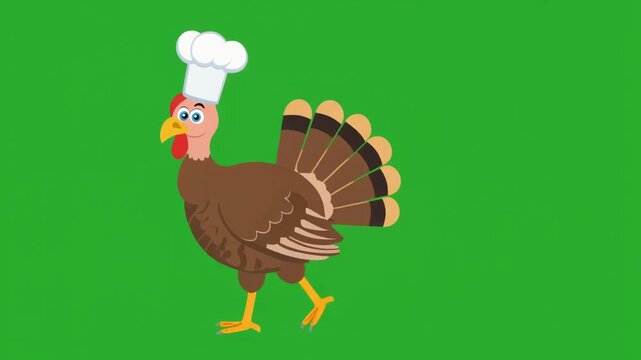 Animated Cartoon Turkey Chef Walking on Green Screen