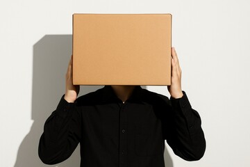 An anonymous person in a black shirt hides their face behind a blank cardboard box against a white wall.