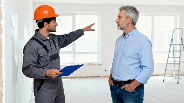 A construction worker discusses a renovation project with a client in an unfinished room. A contractor explains the building plan to a homeowner. Professional home improvement service