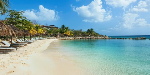 A serene beach scene with white sand, turquoise water, and palm trees under a clear blue sky with scattered clouds.