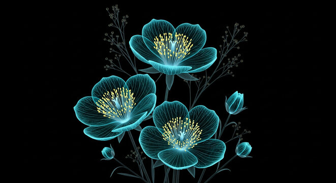 Glowing Cyan X Ray Flowers Bouquet for Elegant Wedding Invitations or Spa Branding Design