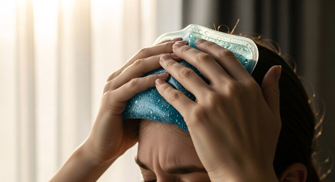 Person holding a cold compress or ice pack to their forehead to relieve headache pain or fever